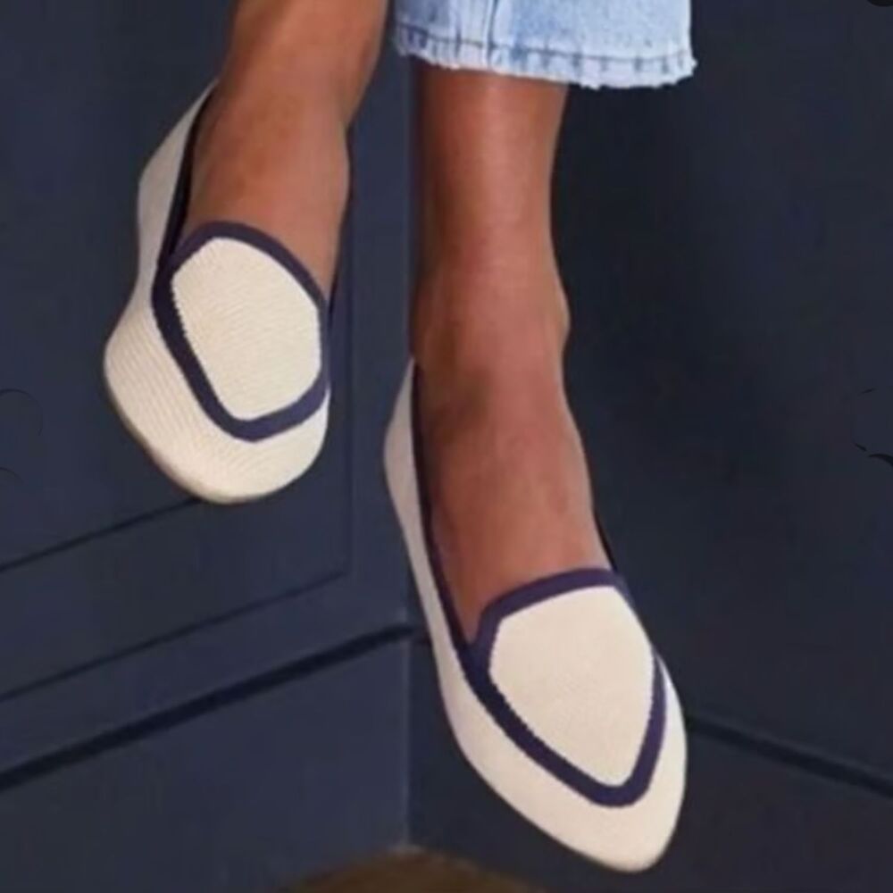 Birdies Blackbird Comfort Shoes 9.5 Ivory Cream Navy Blue Knit Preppy Comfy